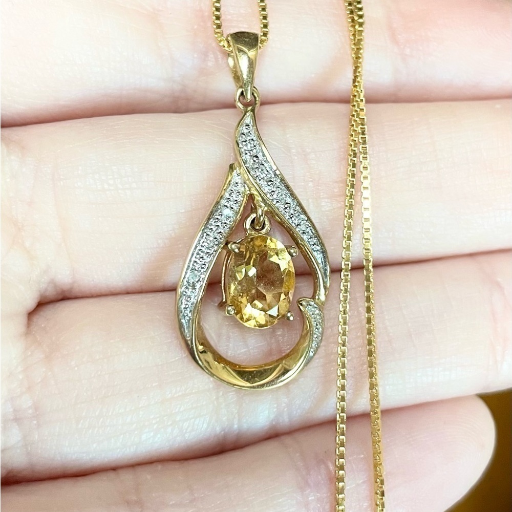 10k citrine diamond filigree yellow orange 8x6mm oval solid yellow gold pendant - Picture 4 of 9
